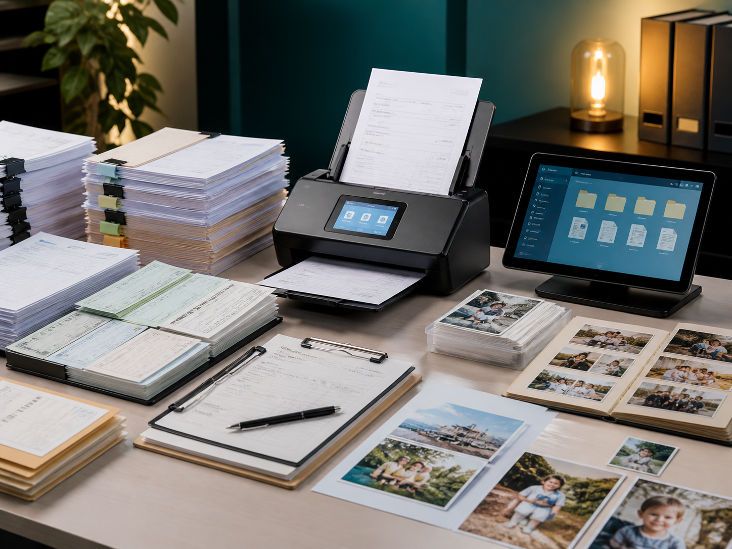 業務書類、領収書、写真を整理してスキャンするイメージ